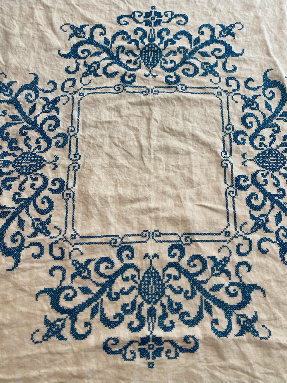 Vintage Hand Embroidered Tablecloth in Whites & Blues - Picture 2 of 4